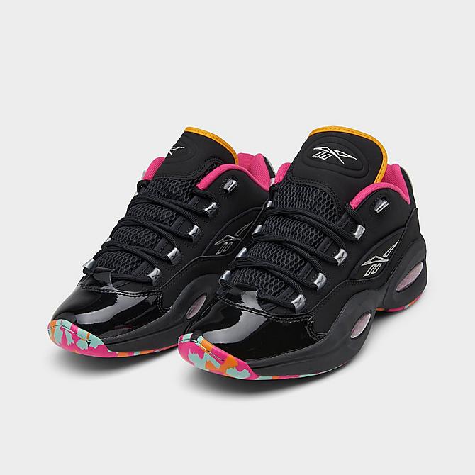 Three Quarter view of Men's Reebok Question Low Basketball Shoes in Black/Multicolor Click to zoom