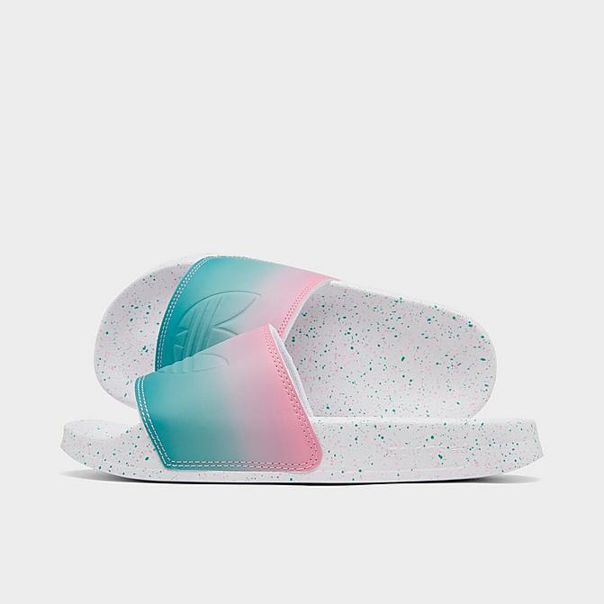 Right view of Girls' Big Kids' adidas Originals Adilette Slide Sandals in Pink/White/Teal Click to zoom