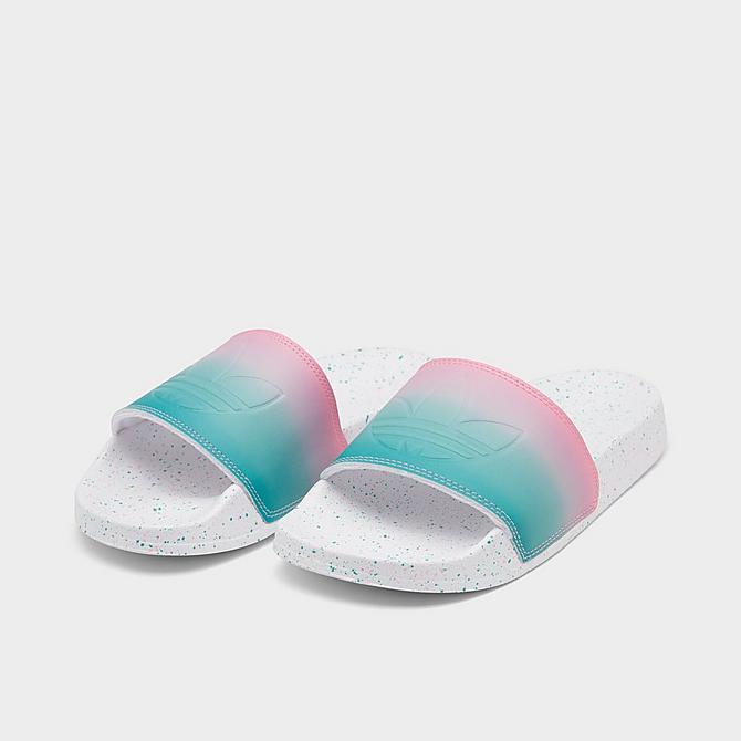Three Quarter view of Girls' Big Kids' adidas Originals Adilette Slide Sandals in Pink/White/Teal Click to zoom