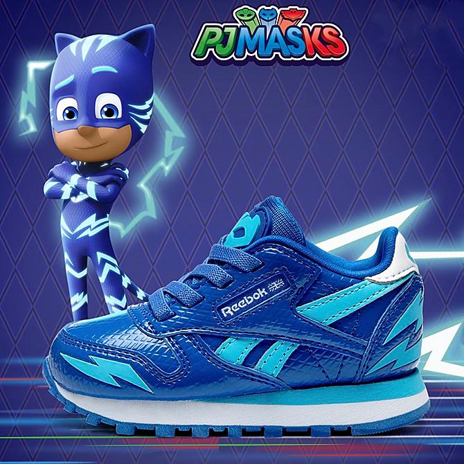 Front view of Kids’ Toddler Reebok x PJ Masks CatBoy Classic Leather Casual Shoes in Vector Blue/Blue Blink/Ftwr White Click to zoom