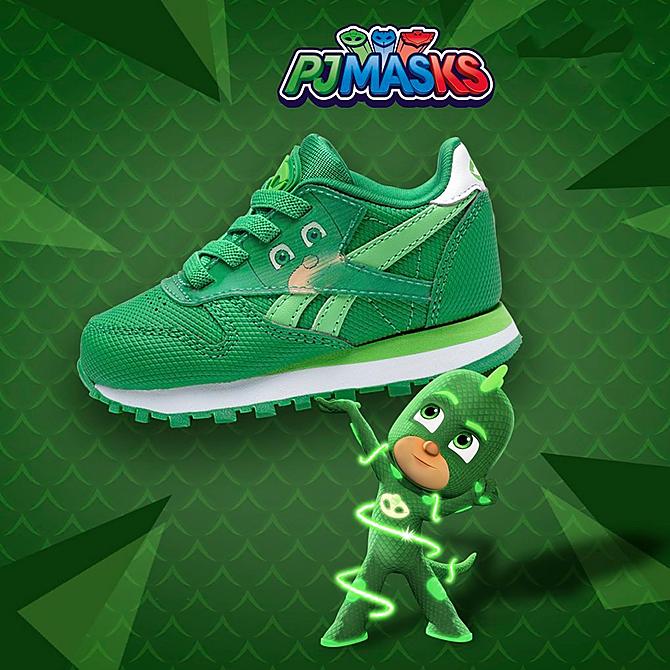 Front view of Kids’ Toddler Reebok x PJ Masks Gekko Classic Leather Casual Shoes in Goal Green/Positive Green/Footwear White Click to zoom