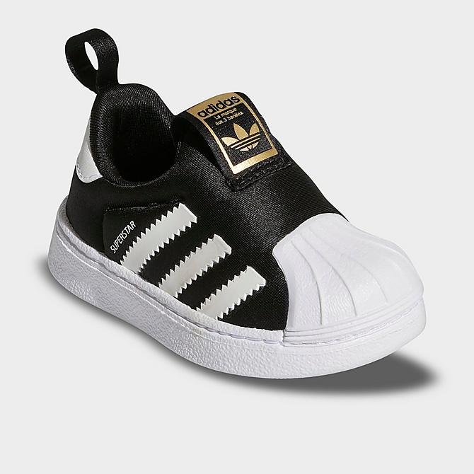 Three Quarter view of Kids' Toddler adidas Originals Superstar 360 Slip-On Casual Shoes in Black/White/Gold Metallic Click to zoom