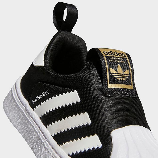 Front view of Kids' Toddler adidas Originals Superstar 360 Slip-On Casual Shoes in Black/White/Gold Metallic Click to zoom
