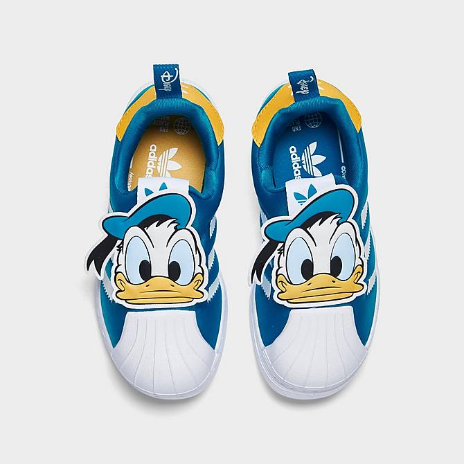 Back view of Little Kids' adidas Originals Disney Donald Duck Superstar 360 Casual Shoes in Cloud White/Blue/Cloud White Click to zoom