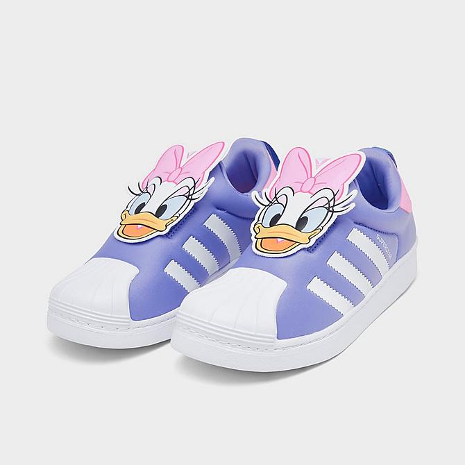 Three Quarter view of Girls' Little Kids' adidas Originals Disney Daisy Duck Superstar 360 Casual Shoes in Cloud White/Light Purple Click to zoom