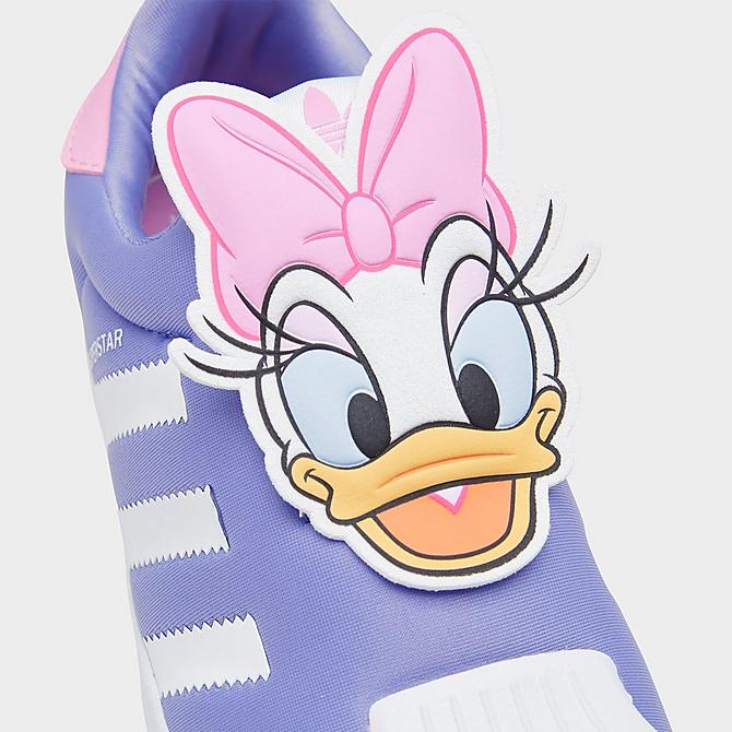 Front view of Girls' Little Kids' adidas Originals Disney Daisy Duck Superstar 360 Casual Shoes in Cloud White/Light Purple Click to zoom