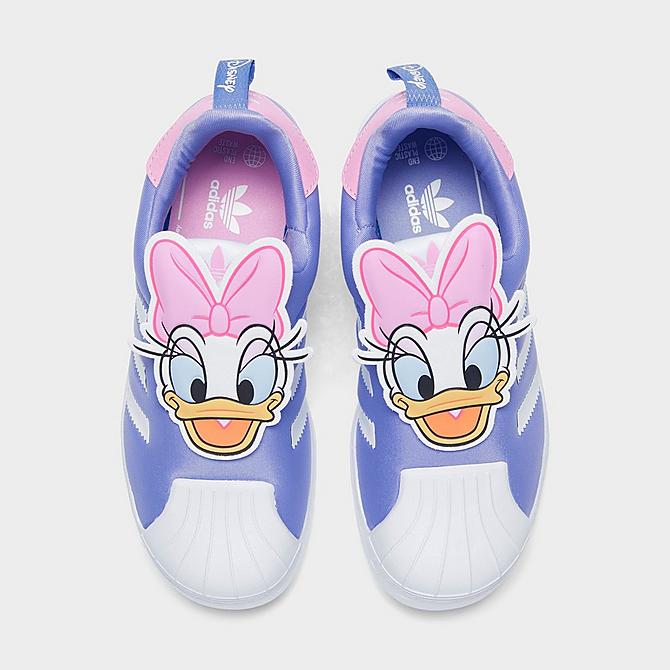 Back view of Girls' Little Kids' adidas Originals Disney Daisy Duck Superstar 360 Casual Shoes in Cloud White/Light Purple Click to zoom