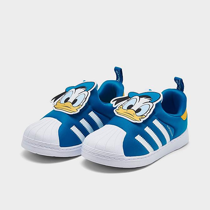 Three Quarter view of Kids' Toddler adidas Originals Disney Superstar 360 Casual Shoes in Cloud White/Blue Click to zoom