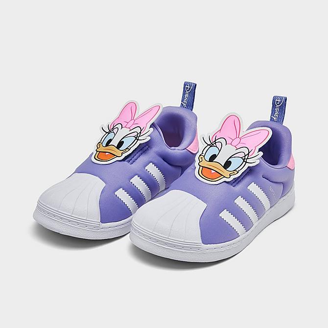 Three Quarter view of Girls' Toddler adidas Originals Disney Daisy Duck Superstar 360 Casual Shoes in Cloud White/Light Purple Click to zoom