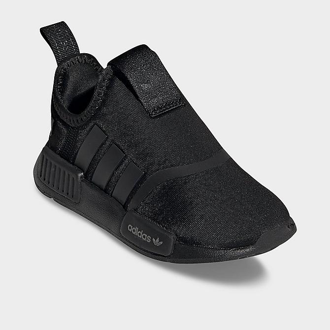Three Quarter view of Kids' Toddler adidas Originals NMD 360 Casual Shoes in Black/Silver Metallic/White Click to zoom
