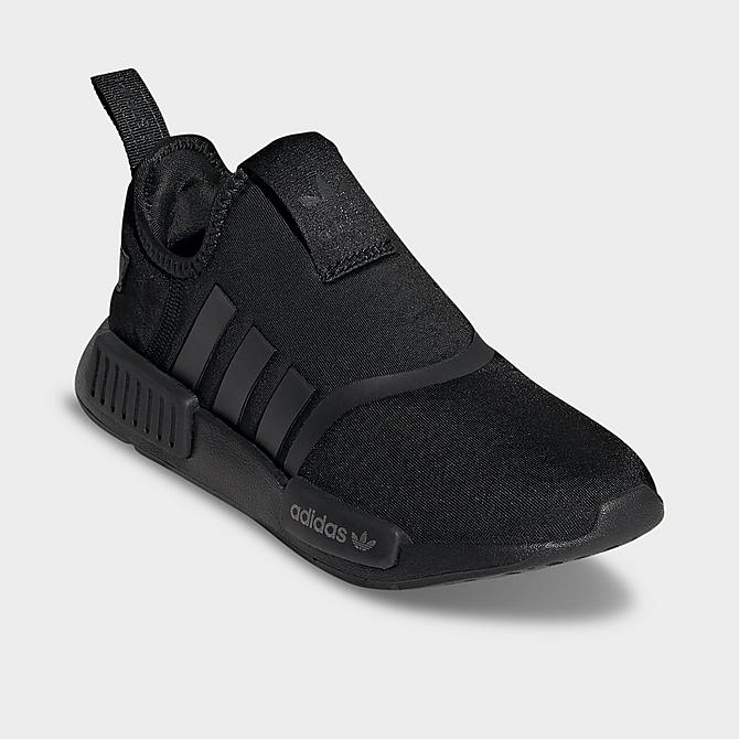Three Quarter view of Little Kids' adidas Originals NMD 360 Casual Shoes in Black/Silver Metallic/White Click to zoom