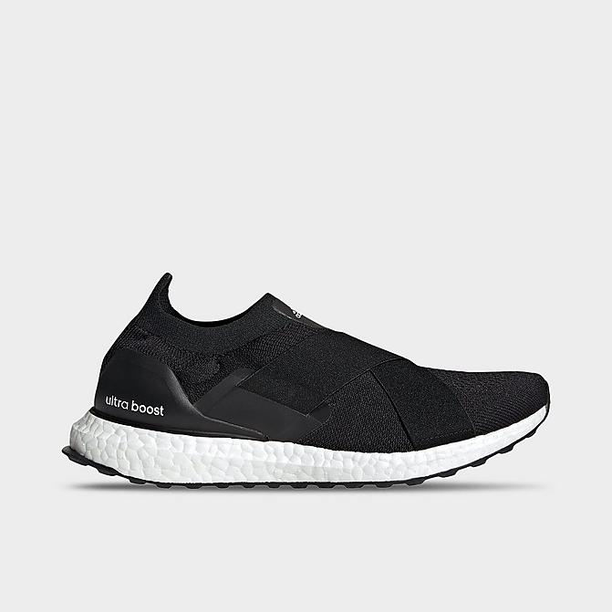 Right view of Women's adidas UltraBOOST DNA Slip-On Running Shoes in Black/Black/Acid Orange Click to zoom