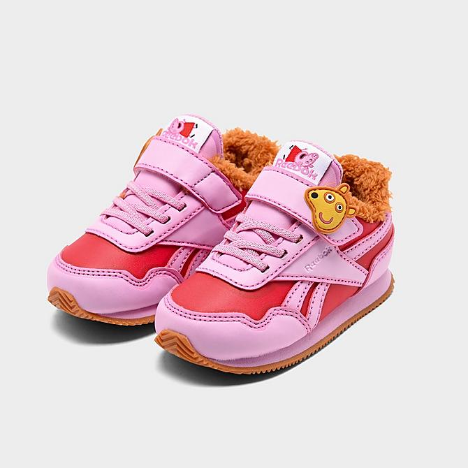 Three Quarter view of Girls' Toddler Reebok Peppa Pig Royal Classic Jogger 3 Casual Shoes in Icono Pink/Electric Crimson/Pyro Red Click to zoom