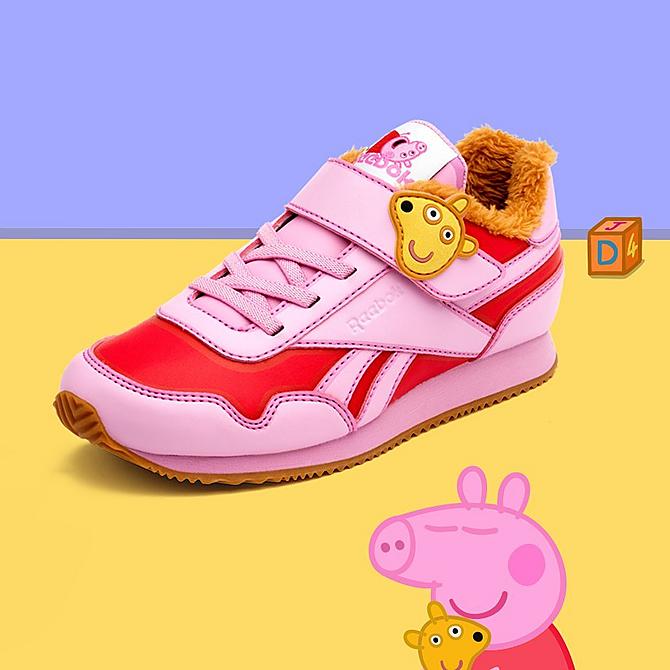 [angle] view of Girls' Toddler Reebok Peppa Pig Royal Classic Jogger 3 Casual Shoes in Icono Pink/Electric Crimson/Pyro Red Click to zoom