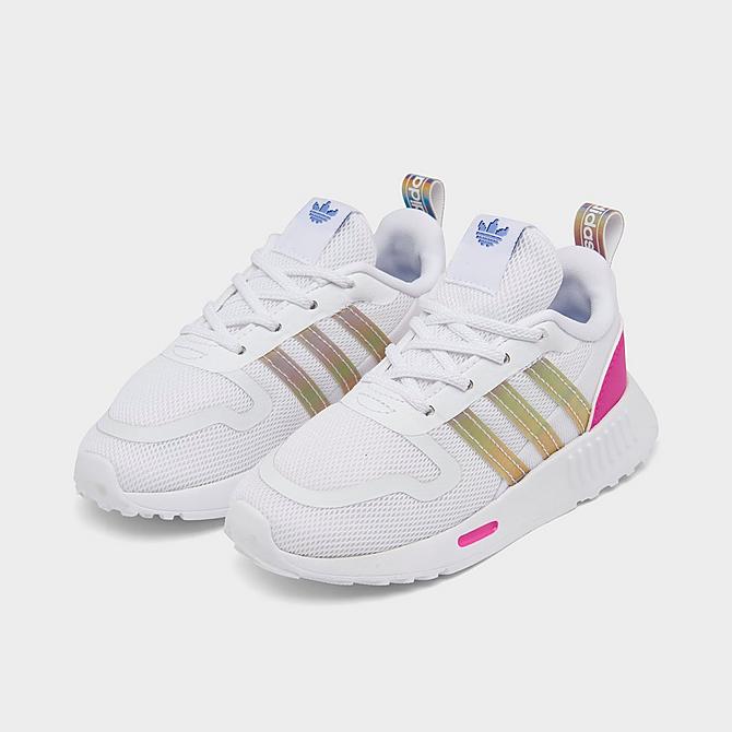 Three Quarter view of Girls' Toddler adidas Originals Multix El Casual Shoes in Footwear White/Violet Tone/Shock Pink Click to zoom