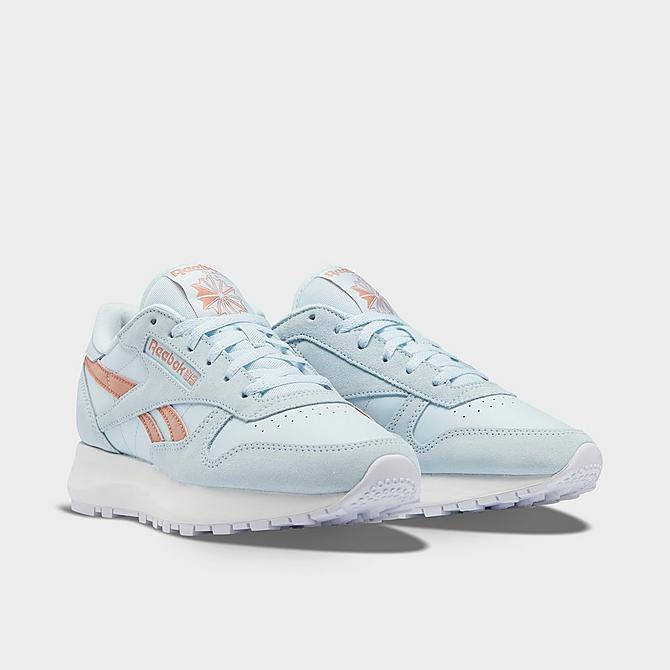 Three Quarter view of Women's Reebok Classic Leather SP Casual Shoes in Glass Blue/Glass Blue/Canyon Coral Click to zoom