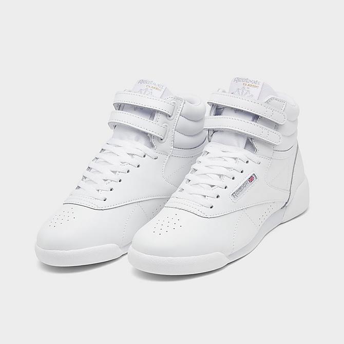 Three Quarter view of Little Kids' Reebok Freestyle Hi Casual Shoes in Footwear White/Footwear White Click to zoom