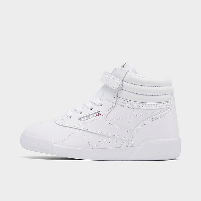 Right view of Girls' Toddler Reebok Freestyle Hi Casual Shoes in White/White/White Click to zoom