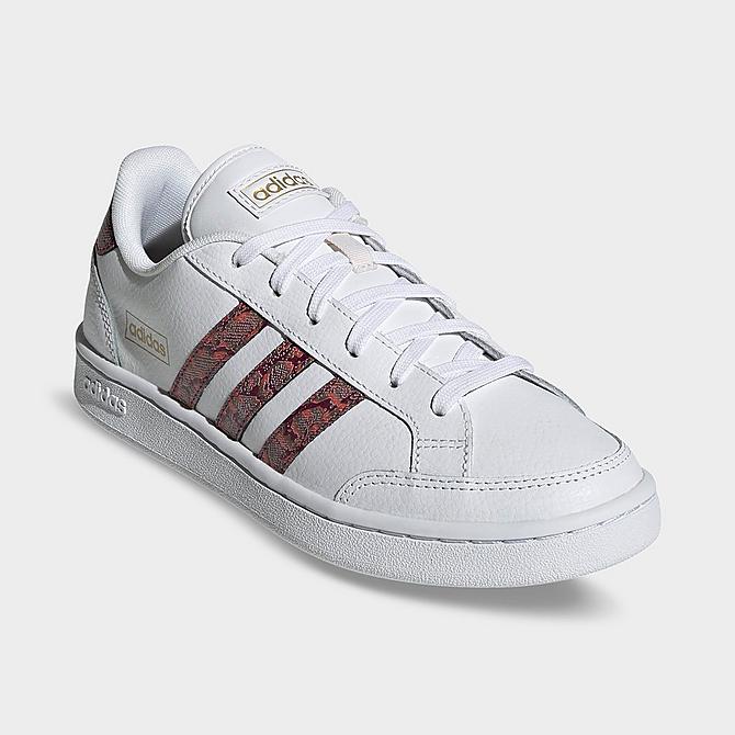 Three Quarter view of Women's adidas Grand Court SE Animal Casual Shoes in White/Victory Crimson/Screaming Orange Click to zoom