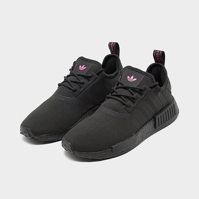 Three Quarter view of Women's adidas Originals NMD R1 Casual Shoes in Black/Black/Solar Pink Click to zoom