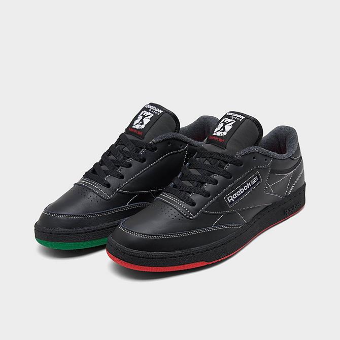 Three Quarter view of Reebok Human Rights Now! Club C 85 Casual Shoes in Core Black/Pure Grey 8/Vector Red Click to zoom