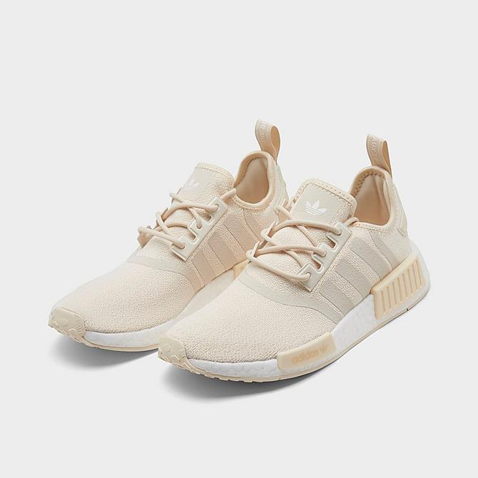 Three Quarter view of Women's adidas Originals NMD R1 Primeblue Casual Shoes in Wonder White/Wonder White/White Click to zoom