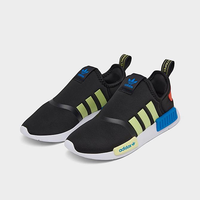 Three Quarter view of Little Kids' adidas Originals NMD 360 Casual Shoes in Black/Pulse Yellow/Bright Blue Click to zoom