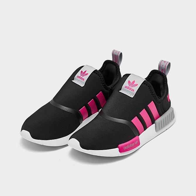 Three Quarter view of Girls' Little Kids' adidas Originals NMD 360 Casual Shoes in Black/Shock Pink/Halo Silver Click to zoom