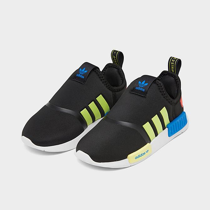 Three Quarter view of Kids' Toddler adidas Originals NMD 360 Casual Shoes in Black/Pulse Yellow/Bright Blue Click to zoom