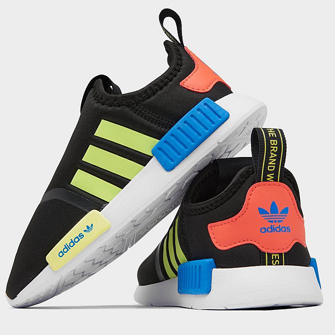 Front view of Kids' Toddler adidas Originals NMD 360 Casual Shoes in Black/Pulse Yellow/Bright Blue Click to zoom