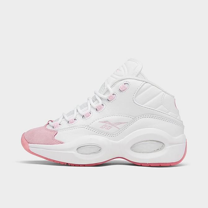 Right view of Big Kids' Reebok Question Mid Basketball Shoes in Footwear White/Pink Glow/Porcelain Pink Click to zoom