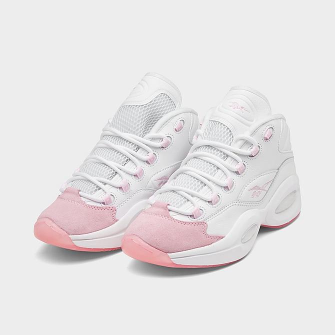 Three Quarter view of Big Kids' Reebok Question Mid Basketball Shoes in Footwear White/Pink Glow/Porcelain Pink Click to zoom