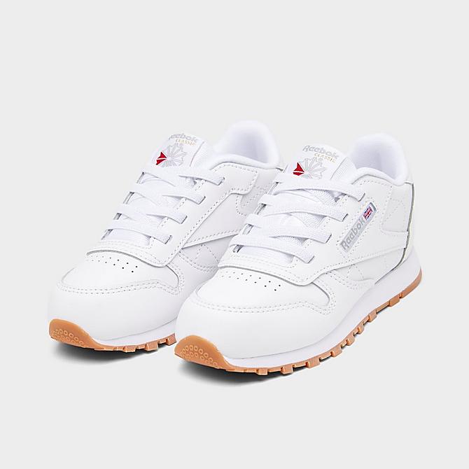 Three Quarter view of Kids' Toddler Reebok Classic Leather Pride Casual Shoes in Footwear White/Footwear White/Reebok Rubber Gum 2 Click to zoom