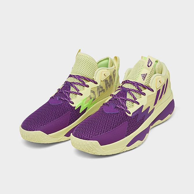 Three Quarter view of adidas Dame 8 Basketball Shoes in Yellow Tint/Glory Purple/Signal Green Click to zoom