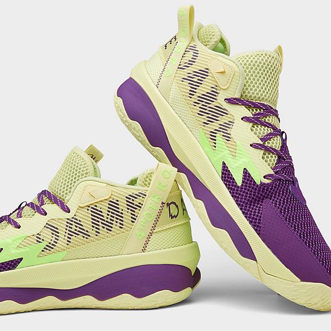 Front view of adidas Dame 8 Basketball Shoes in Yellow Tint/Glory Purple/Signal Green Click to zoom