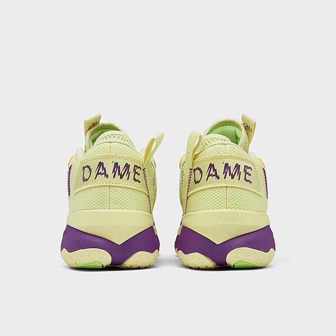 Left view of adidas Dame 8 Basketball Shoes in Yellow Tint/Glory Purple/Signal Green Click to zoom