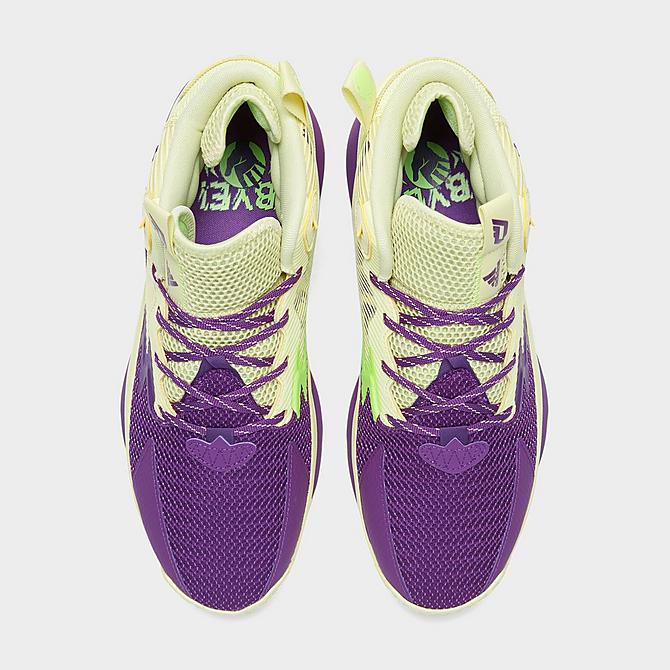 Back view of adidas Dame 8 Basketball Shoes in Yellow Tint/Glory Purple/Signal Green Click to zoom
