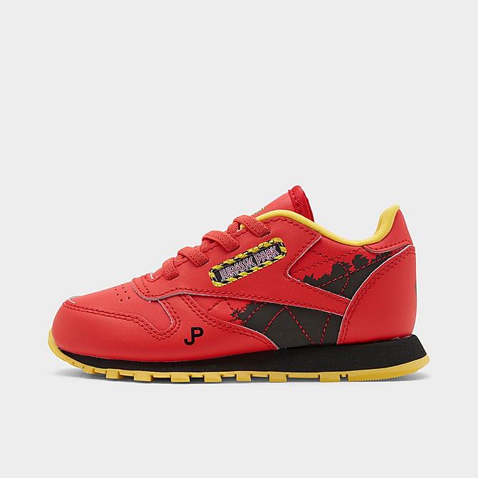 Right view of Kids' Toddler Reebok Jurassic Park Classic Leather Casual Shoes in Radiant Red/Coal/Blaze Yellow Click to zoom
