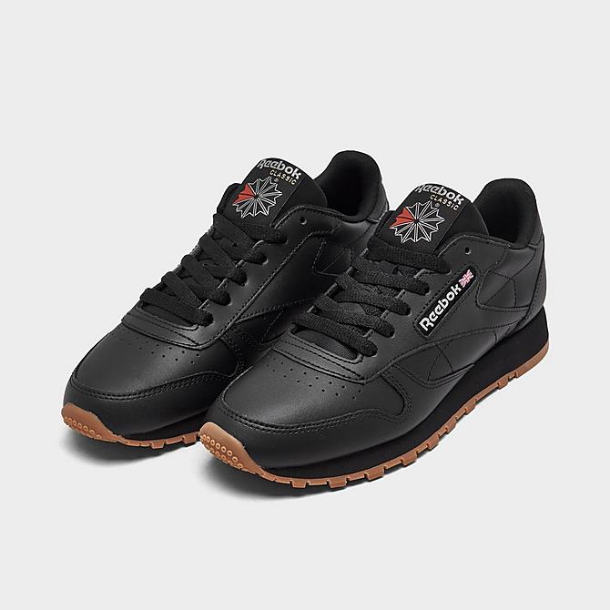 Three Quarter view of Women's Reebok Classic Leather Casual Shoes in Core Black/Core Black/Reebok Rubber Gum 2 Click to zoom