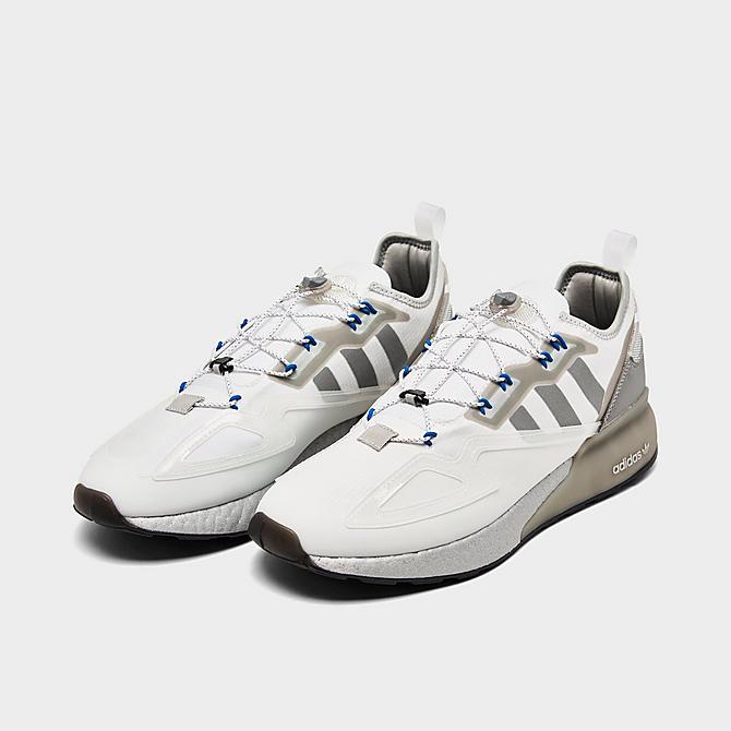 Three Quarter view of Men's adidas Originals ZX 2K BOOST Running Shoes in Footwear White/Silver Metallic/Core Black Click to zoom