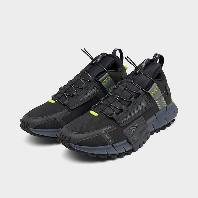 Three Quarter view of Men's Reebok Zig Kinetica Edge Running Shoes in Black/Lime Click to zoom