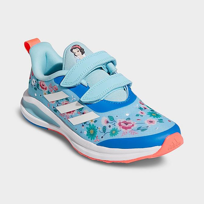 Three Quarter view of Girls' Little Kids' adidas x Disney Snow White FortaRun Casual Shoes in Hazy Sky/Cloud White/Turbo Click to zoom