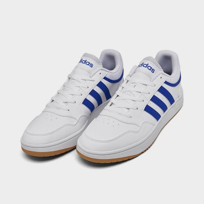 Three Quarter view of Men's adidas Hoops 3.0 Low Classic Vintage Casual Shoes in White/Team Royal Blue/Gum Click to zoom