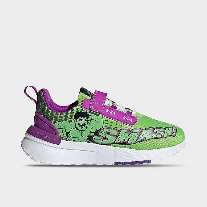 Right view of Little Kids' adidas x Marvel Super Hero Adventures Hulk Racer TR21 Casual Shoes in Semi Solar Green/Cloud White/Shock Purple Click to zoom