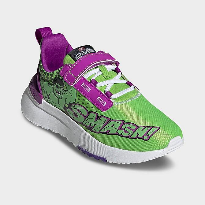Three Quarter view of Little Kids' adidas x Marvel Super Hero Adventures Hulk Racer TR21 Casual Shoes in Semi Solar Green/Cloud White/Shock Purple Click to zoom