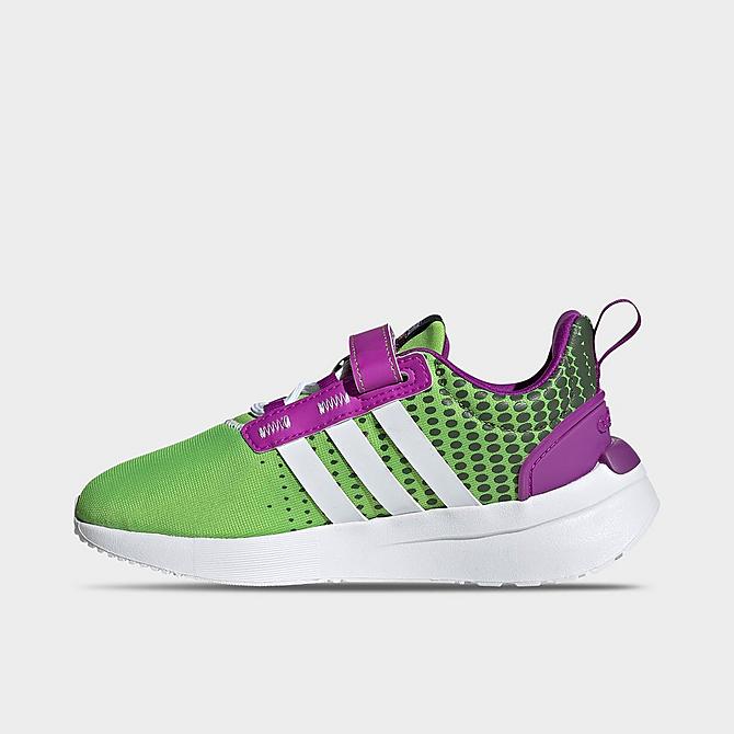 Front view of Little Kids' adidas x Marvel Super Hero Adventures Hulk Racer TR21 Casual Shoes in Semi Solar Green/Cloud White/Shock Purple Click to zoom