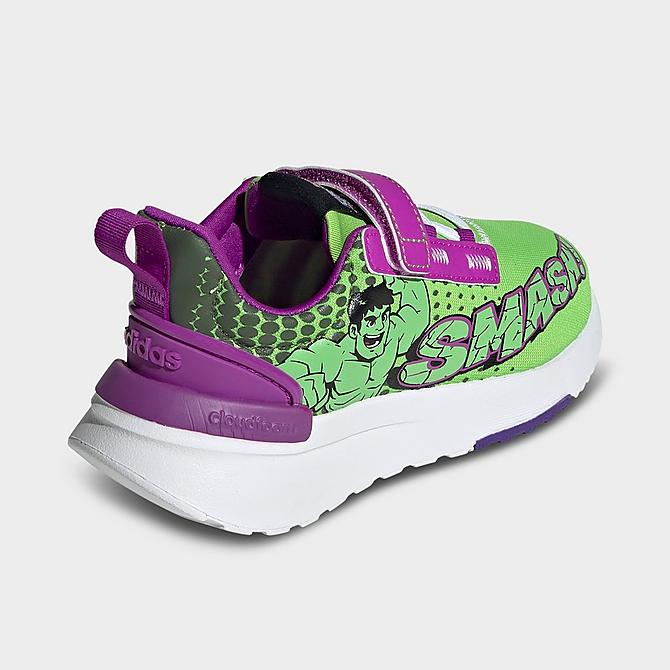Left view of Little Kids' adidas x Marvel Super Hero Adventures Hulk Racer TR21 Casual Shoes in Semi Solar Green/Cloud White/Shock Purple Click to zoom