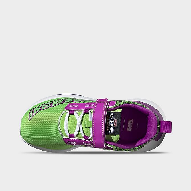 Back view of Little Kids' adidas x Marvel Super Hero Adventures Hulk Racer TR21 Casual Shoes in Semi Solar Green/Cloud White/Shock Purple Click to zoom