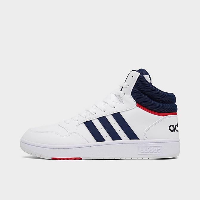 Right view of Men's adidas Hoops 3.0 Mid Classic Vintage Casual Shoes in Footwear White/Legend Ink/Vivid Red Click to zoom