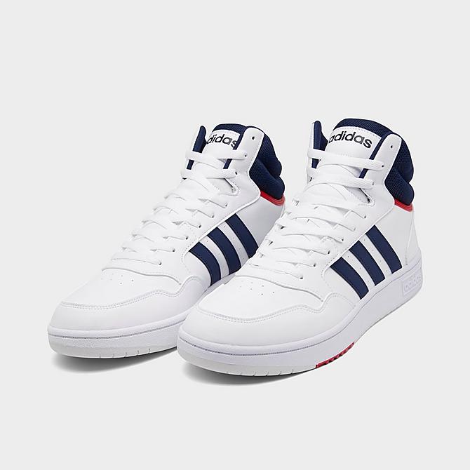 Three Quarter view of Men's adidas Hoops 3.0 Mid Classic Vintage Casual Shoes in Footwear White/Legend Ink/Vivid Red Click to zoom
